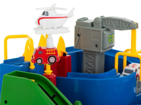 Tor przeszkód interaktywny samochodowy wyścigi parking 3 pojazdy straż radiowóz ambulans, 1 helikopter 32x32cm XXL