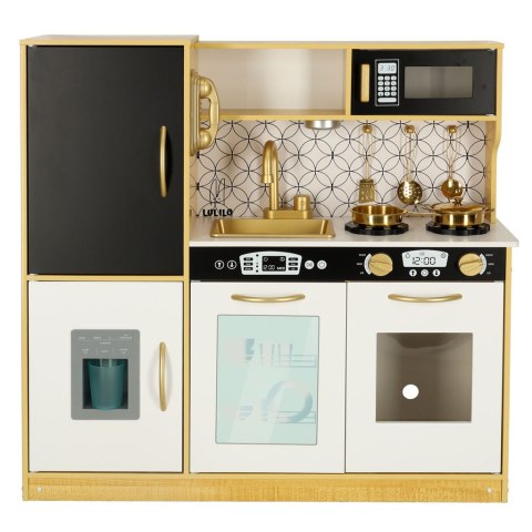 Kuchnia dla dzieci drewniana LULILO ORO z lodówką tablicą kredową złota