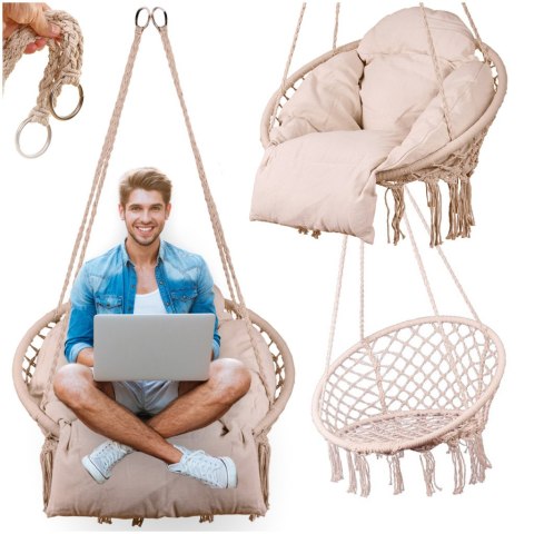 Huśtawka ogrodowa LUARO bocianie gniazdo z poduszką XXL ecru 80cm 150kg