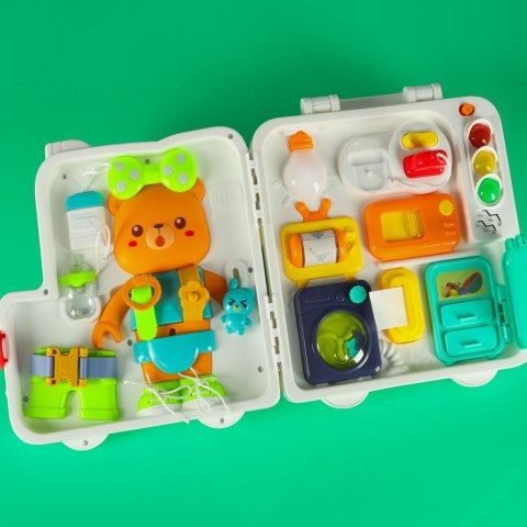 Tablica manipulacyjna sensoryczna montessori walizka pokrętła miś XXL światło dźwięk