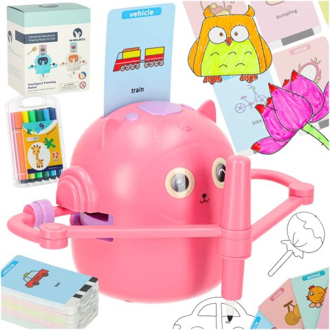 Zabawka interaktywna robot nauka rysowania fiszki kolorowe mazaki różowy