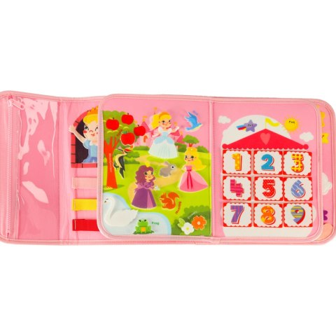 Tablica manipulacyjna sensoryczna montessori walizka plecak różowa