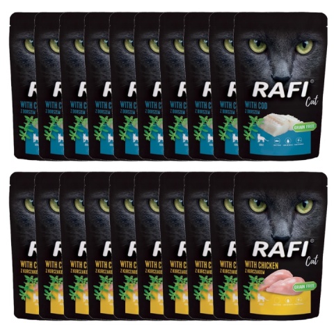 ZESTAW 10 + 10 Rafi Cat Adult z dorszem 100 g + Rafi Cat Adult z kurczakiem 100 g