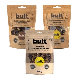 ZESTAW Bult Serdelki z kaczką 12 szt. + Serdelki z dziczyzną 12 szt. + Suszone żołądki drobiowe 80 g