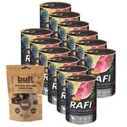 ZESTAW 12 x RAFI mokra karma dla psa żołądki wołowe z szynką 400g + Bult Serdelki z dziczyzną 12 szt.