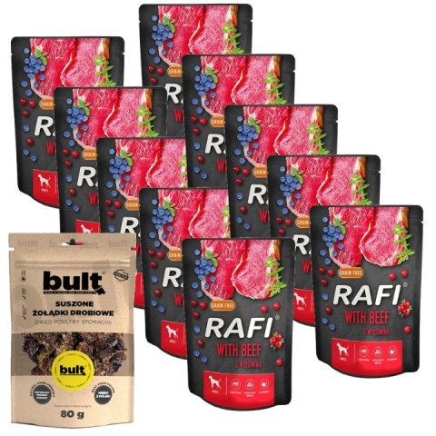 10 x RAFI mokra karma dla psa z wołowiną saszetka 300g + Bult Suszone żołądki drobiowe 80 g