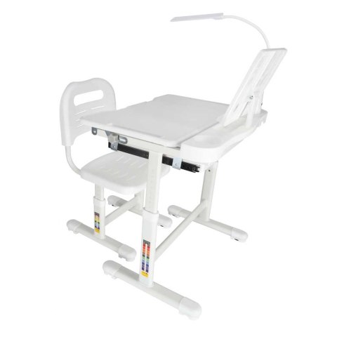 Biurko dziecięce szkolne regulowane krzesło lampka LED USB białe