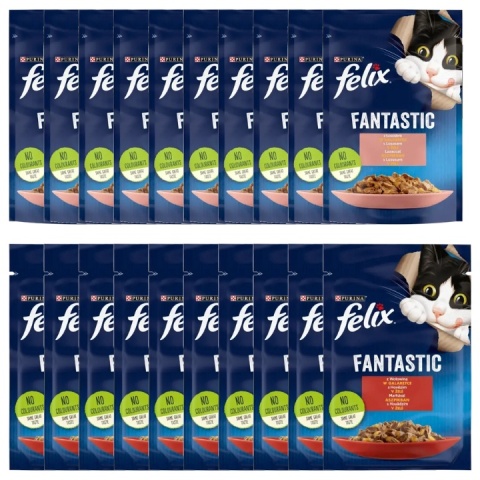 ZESTAW 10 + 10 FELIX Fantastic Mokra karma dla kotów w galaretce 85 g wołowina + łosoś