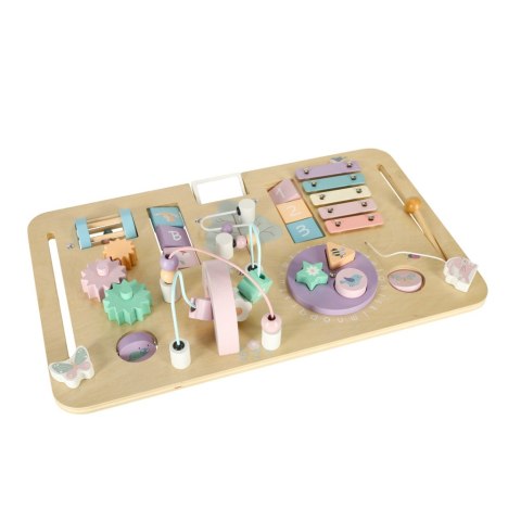 Tablica manipulacyjna LULILO LUDO stolik drewniany sensoryczny 2w1 różowy