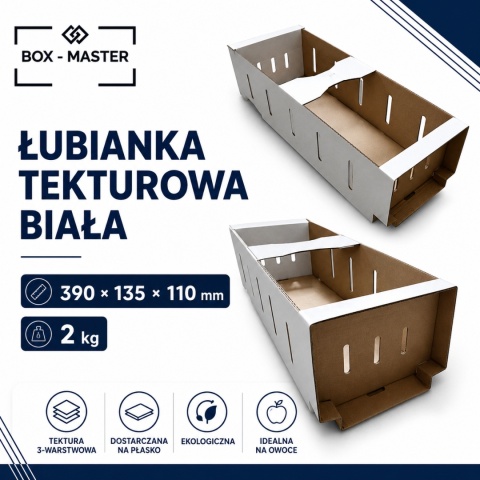 100 szt. Karton łubianka biała kobiałka tekturowa na owoce 2kg (390x135x110 zewn.)