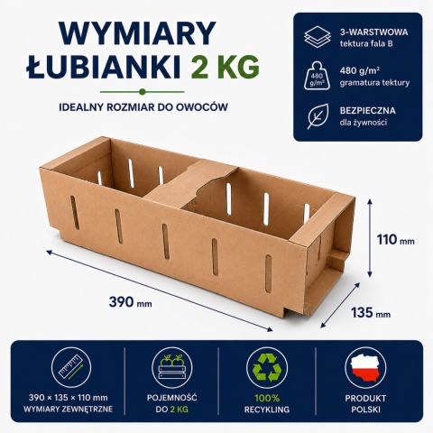 Karton łubianka kobiałka tekturowa na owoce 2kg (390x135x110 zewn.) 1 szt.