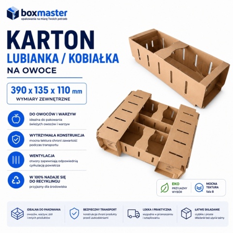 Karton łubianka kobiałka tekturowa na owoce 2kg (390x135x110 zewn.) 20 szt.