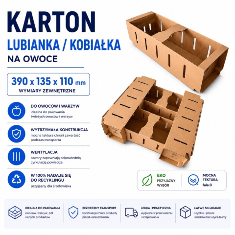 Karton łubianka kobiałka tekturowa na owoce 2kg (390x135x110 zewn.) 50 szt.
