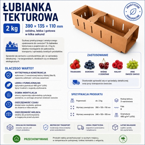 Karton łubianka kobiałka tekturowa na owoce 2kg (390x135x110 zewn.) 50 szt.