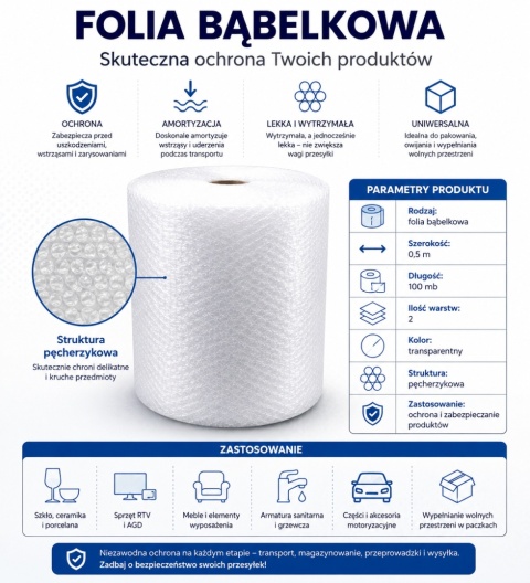 FOLIA BĄBELKOWA 50cm x 100mb Pęcherzykowa Ochronna do pakowania