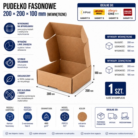 Pudełko fasonowe karton wykrojnikowy 200x200x100mm (wymiary wewnętrzne) 1 szt.